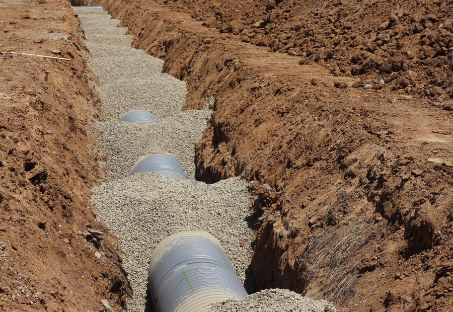 Washed stone and a sleeved perforated pipe going in behind a wall in red clay